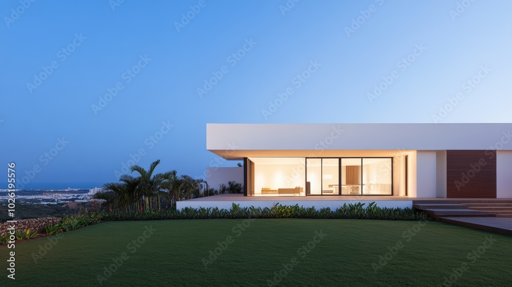Modern house exterior with clean lines and landscaped garden at dusk. Modern house exterior with clean lines and landscaped garden at dusk.