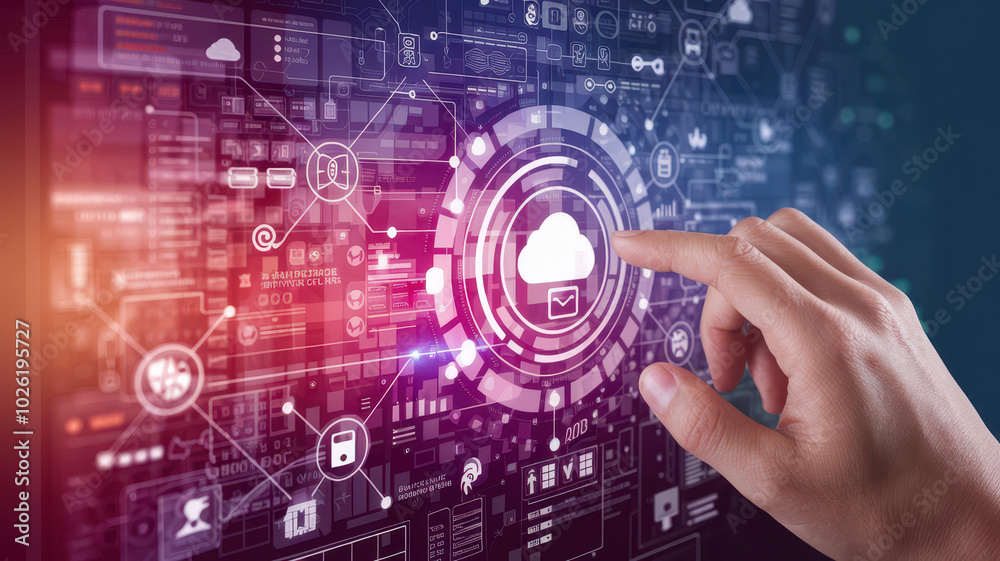 human hand interacting with digital cloud interface, showcasing technology human hand interacting with digital cloud interface, showcasing technology