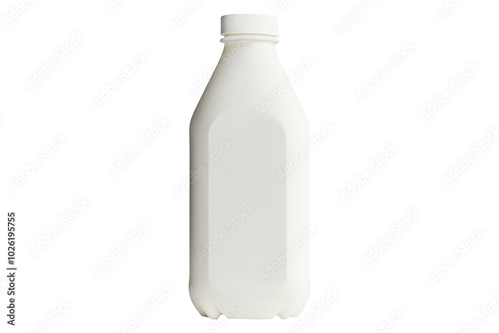 White plastic milk bottle with cap isolated on white background. Concept of packaging, storage, and container design.