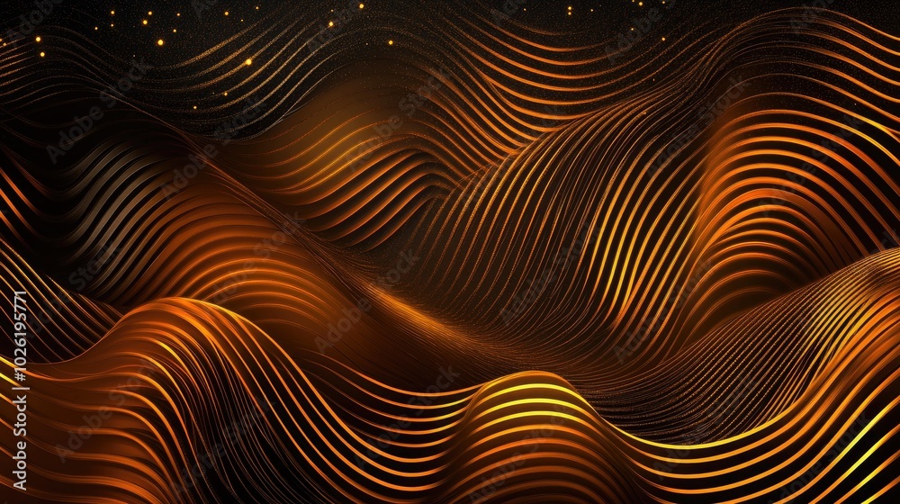 Abstract background with golden lines forming waves on a dark background with glowing particles. Abstract background with golden lines forming waves on a dark background with glowing particles.