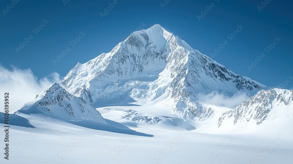 Obraz premium Majestic snow-capped mountain peaks rise under a clear blue sky, showcasing nature's breathtaking beauty and serenity