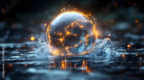A glowing orb, resembling a planet, emerges from water, surrounded by sparks and ripples. Wind turbines adorn its surface, symbolizing sustainable energy.