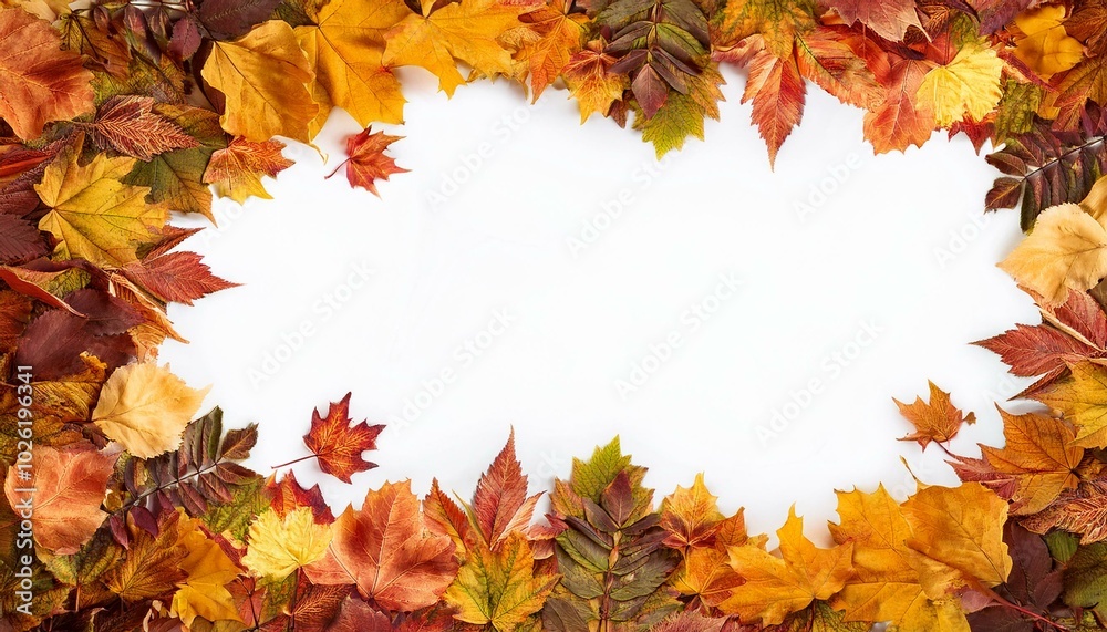frame from autum colored fall leaves in the wind isolated on white background overlay texture with copy space in the middle frame from autum colored fall leaves in the wind isolated on white background overlay texture with copy space in the middle