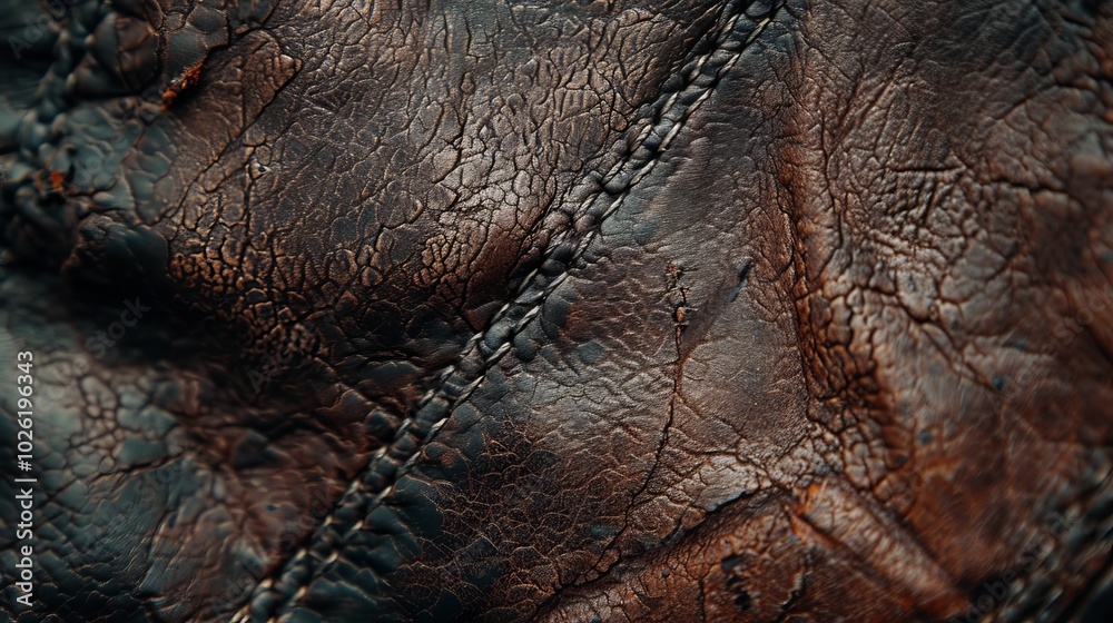 Detailed close-up of textured leather fabric showcasing natural patterns and stitches in warm tones during daylight Detailed close-up of textured leather fabric showcasing natural patterns and stitches in warm tones during daylight