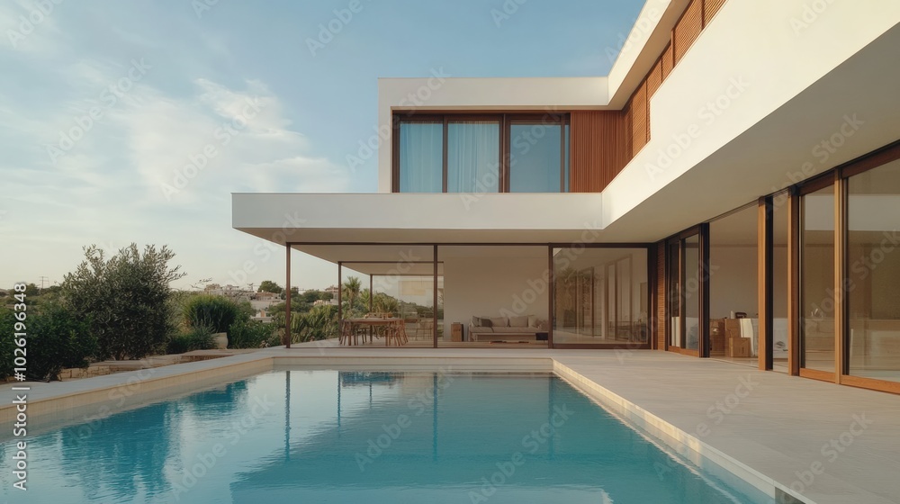 Fototapeta premium Modern house with pool, surrounded by greenery, under a clear blue sky.