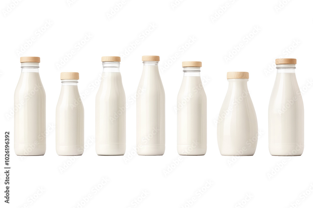 Milk bottles with caps aligned in a row, isolated on white background. Concept of dairy products and freshness. Milk bottles with caps aligned in a row, isolated on white background. Concept of dairy products and freshness.