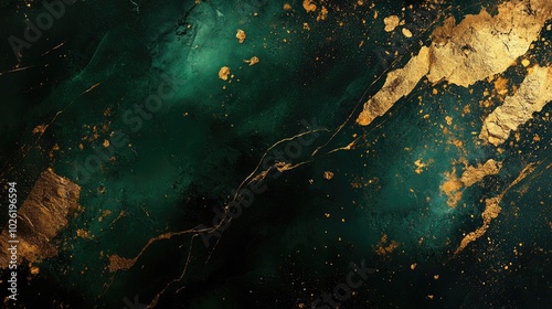 Abstract background with green and gold marble texture.