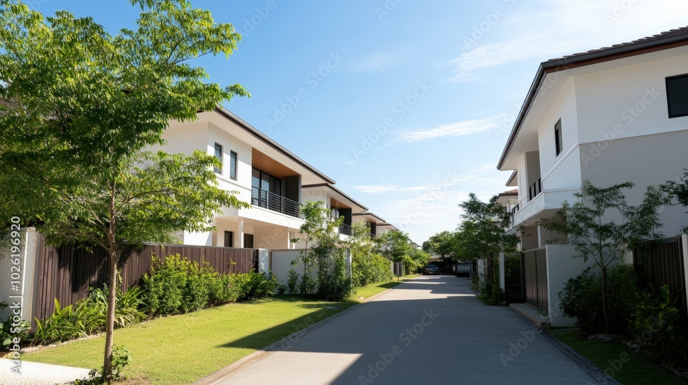 Modern residential street with greenery and clear blue sky. Modern residential street with greenery and clear blue sky.