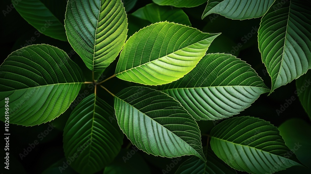 Close-up of lush green leaves with prominent veins showing natural symmetry and vibrant colors in a dark background. Close-up of lush green leaves with prominent veins showing natural symmetry and vibrant colors in a dark background.