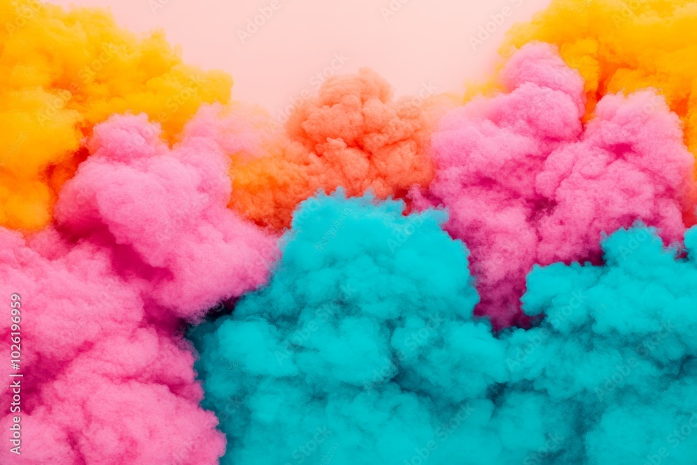 Fototapeta premium A laptop displaying vibrant clouds of pink, blue, and orange smoke emerging from the screen, creating a dynamic contrast with the pastel background.