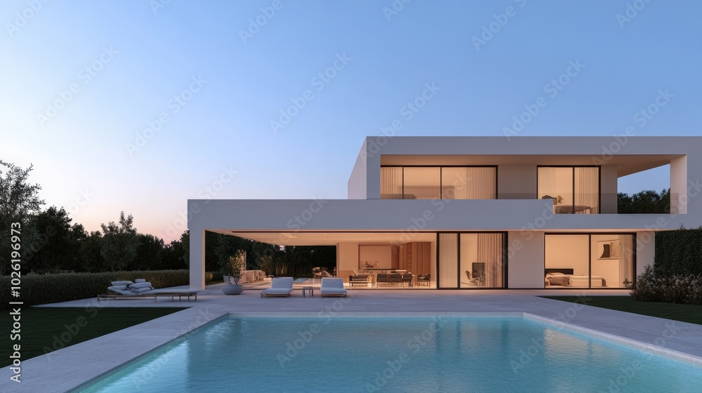 Fototapeta premium Modern villa with a pool at twilight, elegant design, tranquil environment.