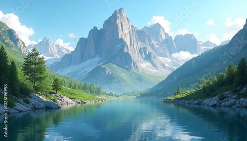 A peaceful mountain landscape with a clear blue sky, green valleys, and a calm lake reflecting the scene