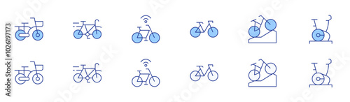 Bicycle icon set in two styles, Duotone and Thin Line style. Editable stroke. bicycle, bike, mountain bike, stationary bike