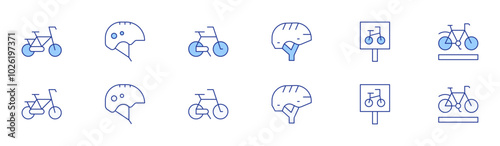 Bicycle icon set in two styles, Duotone and Thin Line style. Editable stroke. helmet, bicycle, bike helmet, biking, parking sign, bike lane