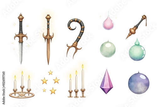 Mystical magic and witchcraft items watercolor vector set isolated elements
