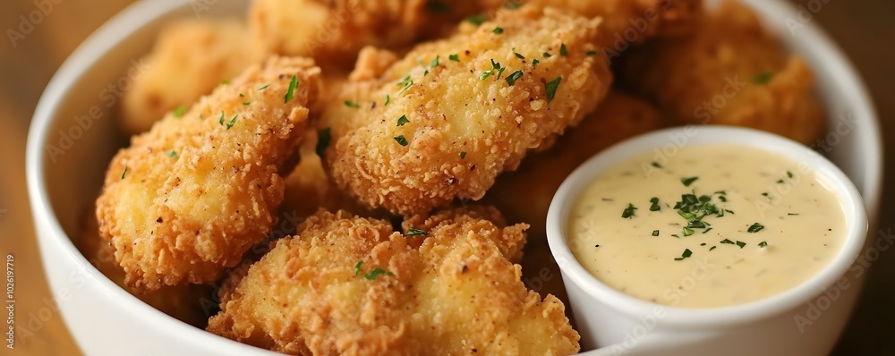 Close up of Golden Crispy Fried Chicken with Indulgent Dipping Sauce Close up of Golden Crispy Fried Chicken with Indulgent Dipping Sauce