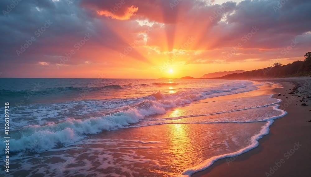 A serene beach scene during the golden hour, with soft waves and a sun setting over the horizon A serene beach scene during the golden hour, with soft waves and a sun setting over the horizon