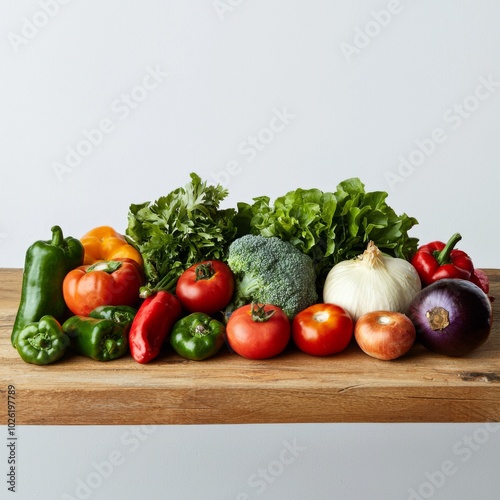 A colorful assortment of raw vegetables on a wooden table