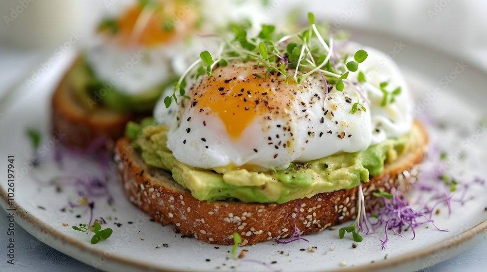 Creamy Avocado Toast with Poached Egg and Vibrant Microgreens Creamy Avocado Toast with Poached Egg and Vibrant Microgreens