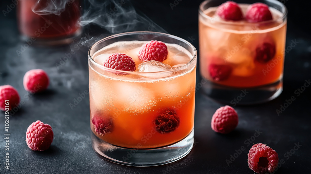 Close-up of refreshing raspberry cocktail in a glass with ice cubes and whole raspberries, on a dark background with additional raspberries scattered around. Close-up of refreshing raspberry cocktail in a glass with ice cubes and whole raspberries, on a dark background with additional raspberries scattered around.