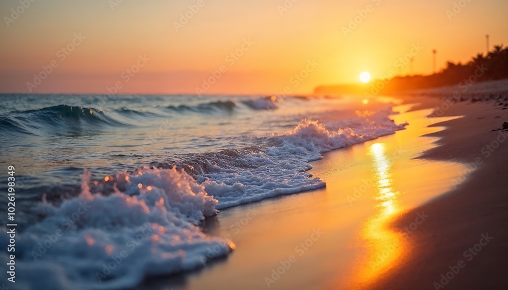 Naklejka premium A serene beach scene during the golden hour, with soft waves and a sun setting over the horizon