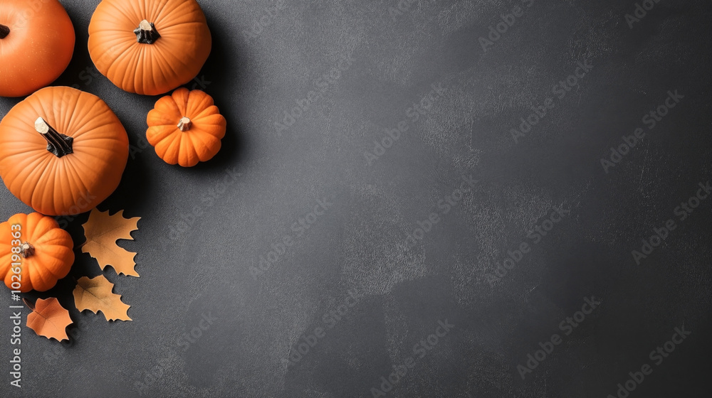 Top view of multiple orange pumpkins and autumn leaves on a dark textured background with empty space. Top view of multiple orange pumpkins and autumn leaves on a dark textured background with empty space.