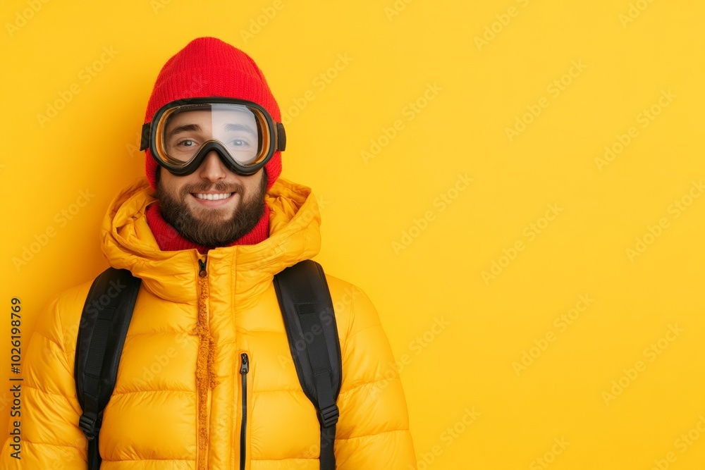 A man in a bright yellow sweater, beanie, and goggles, smiling against a yellow background, ready for a winter adventure. A man in a bright yellow sweater, beanie, and goggles, smiling against a yellow background, ready for a winter adventure.