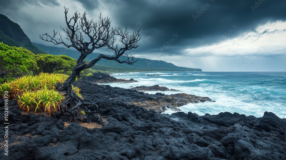 Dead Tree on a Rocky Coastline Under a Stormy Sky Dead Tree on a Rocky Coastline Under a Stormy Sky