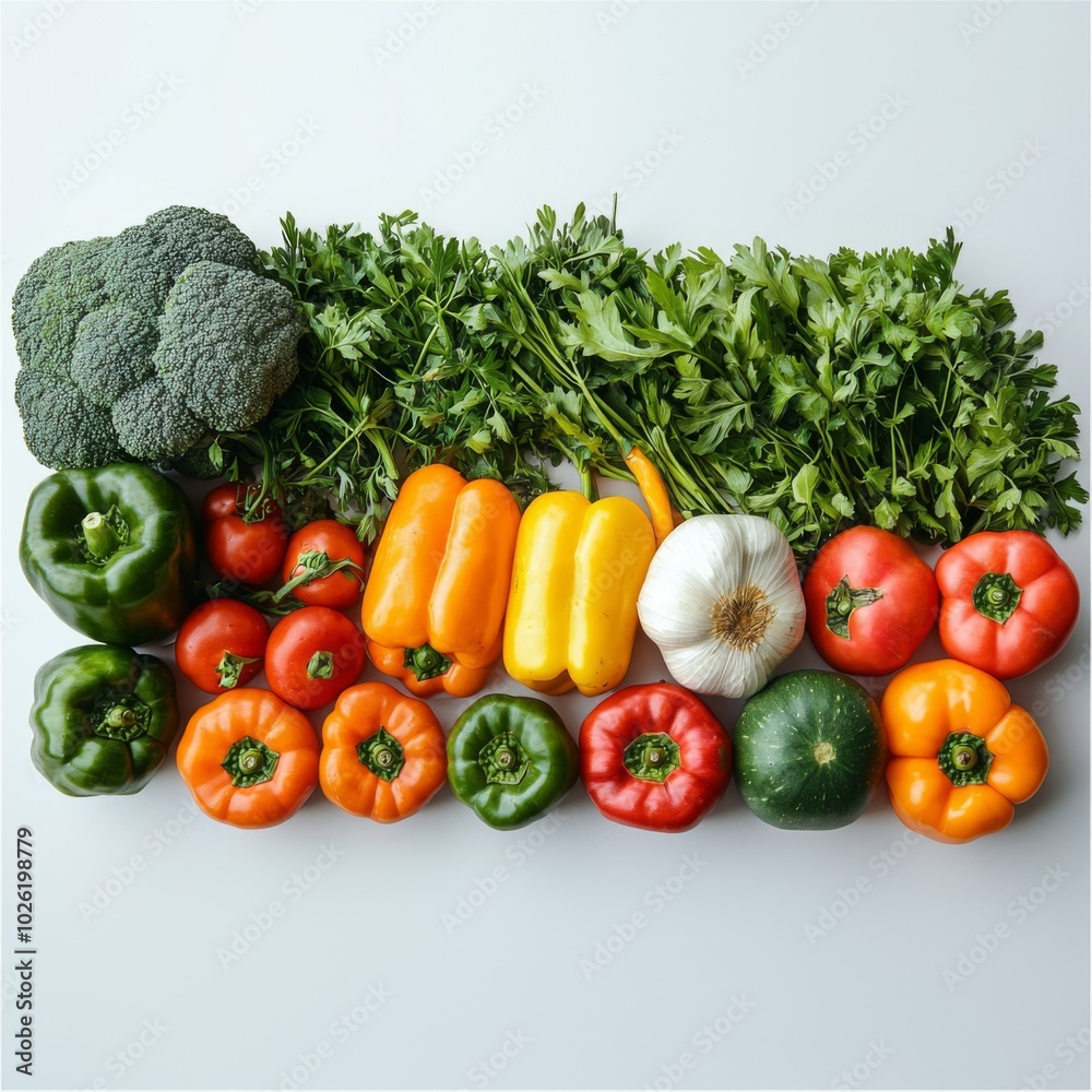 An array of fresh, colorful vegetables laid out on a kitchen counter An array of fresh, colorful vegetables laid out on a kitchen counter
