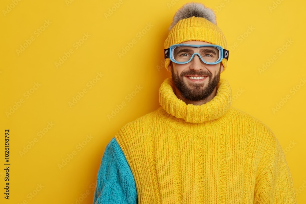A man in a bright yellow sweater, beanie, and goggles, smiling against a yellow background, ready for a winter adventure. A man in a bright yellow sweater, beanie, and goggles, smiling against a yellow background, ready for a winter adventure.