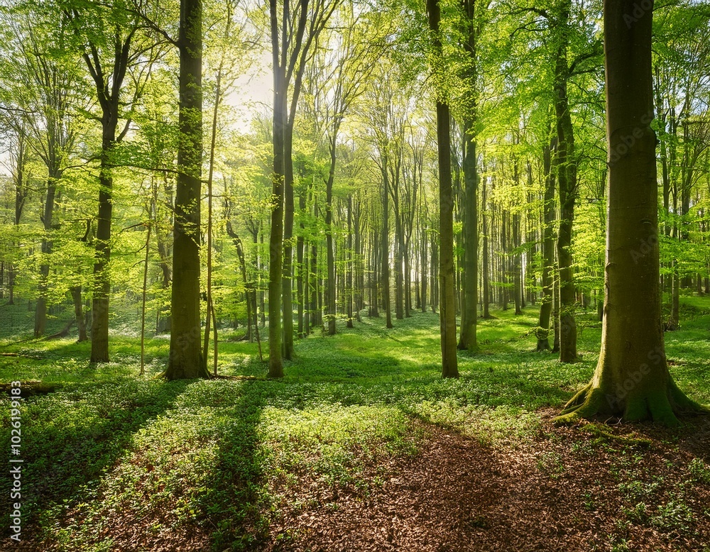 Obraz premium green deciduous forest spring color vibrant