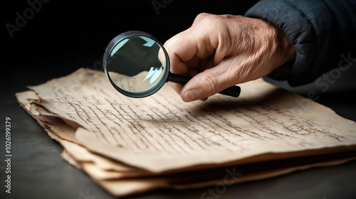 Close-up of a hand holding a magnifying glass examining aged, handwritten documents on a table for study or investigation purposes. photo