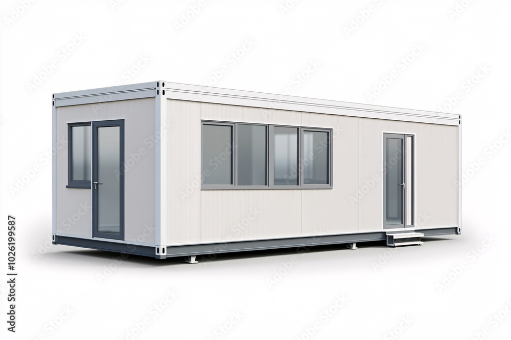 Minimalist white container office with windows and a door, isolated on a white background
Minimalist white container office with windows and a door, isolated on a white background