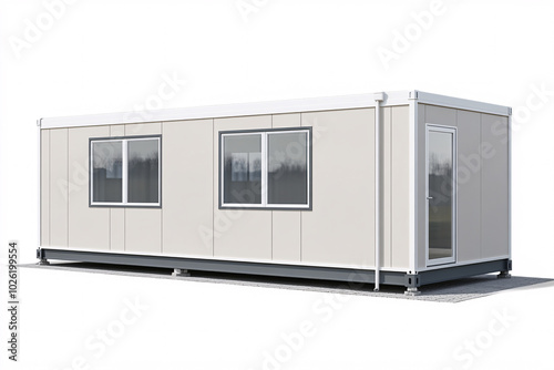 A simple white modular container building with large windows and a minimalistic design, used for temporary office or housing purposes
