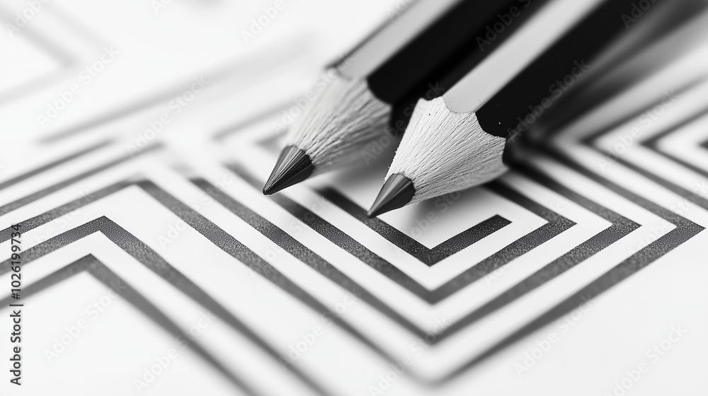 Fototapeta premium Two pencils with geometric lines on abstract background.