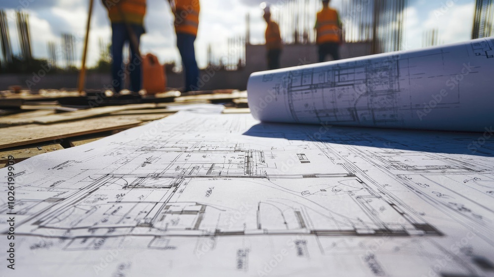 A close-up of blueprints and architectural plans laid out on a construction site with workers in the background. A close-up of blueprints and architectural plans laid out on a construction site with workers in the background.