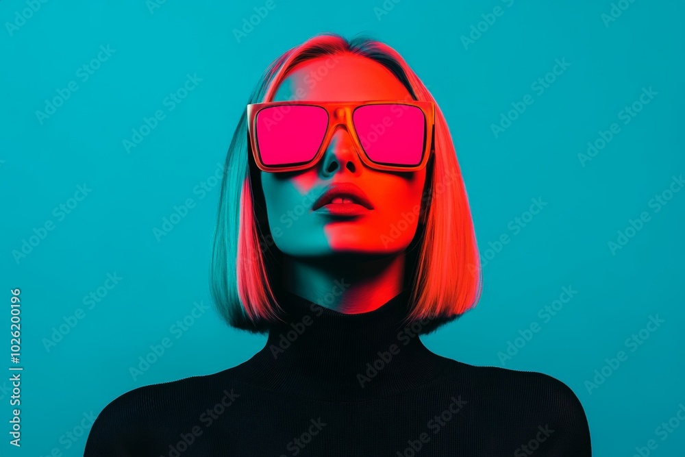 A futuristic portrait of a young woman wearing neon-lit VR glasses. A futuristic portrait of a young woman wearing neon-lit VR glasses.