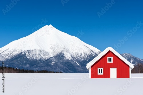 A picturesque winter village scene with a white church and traditional houses nestled among snow-covered mountains. 