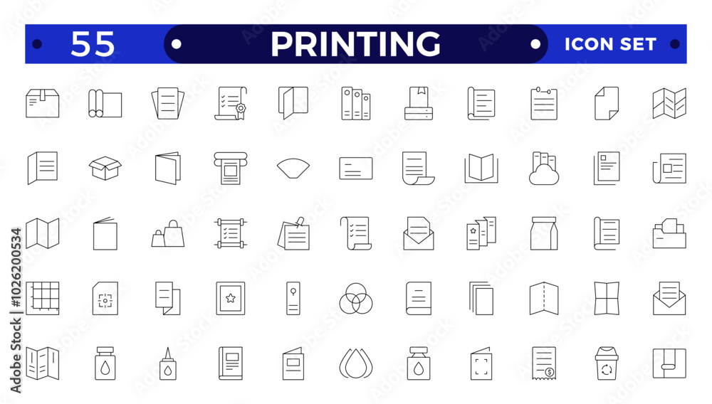 Set of outline Printing icons. Brochure, business card, flyer, magazine, postcard, poster, banner, rollup, sticker, mug, folder, other printout shop products. Promotion print advertising materials. Set of outline Printing icons. Brochure, business card, flyer, magazine, postcard, poster, banner, rollup, sticker, mug, folder, other printout shop products. Promotion print advertising materials.