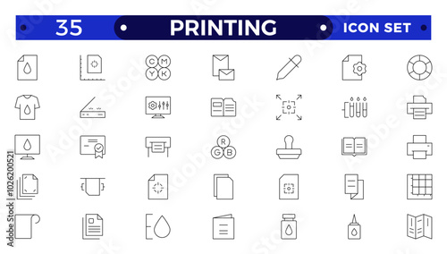 Set of outline Printing icons. Brochure, business card, flyer, magazine, postcard, poster, banner, rollup, sticker, mug, folder, other printout shop products. Promotion print advertising materials.