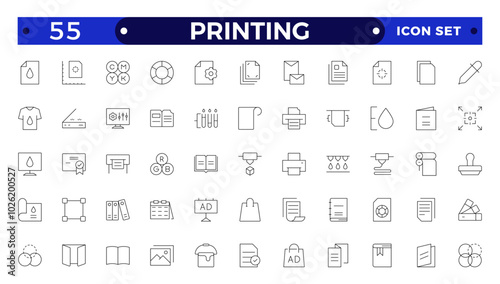 Set of outline Printing icons. Brochure, business card, flyer, magazine, postcard, poster, banner, rollup, sticker, mug, folder, other printout shop products. Promotion print advertising materials.