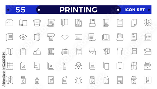 Set of outline Printing icons. Brochure, business card, flyer, magazine, postcard, poster, banner, rollup, sticker, mug, folder, other printout shop products. Promotion print advertising materials.