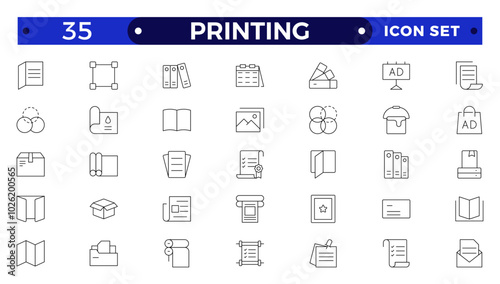Set of outline Printing icons. Brochure, business card, flyer, magazine, postcard, poster, banner, rollup, sticker, mug, folder, other printout shop products. Promotion print advertising materials.