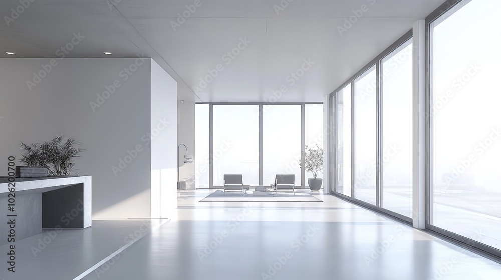 Minimalist office space with large windows and modern decor. Minimalist office space with large windows and modern decor.
