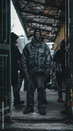 A man in a black jacket stands in front of a door
