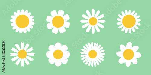 daisy flowers icons, camomile flat vector set