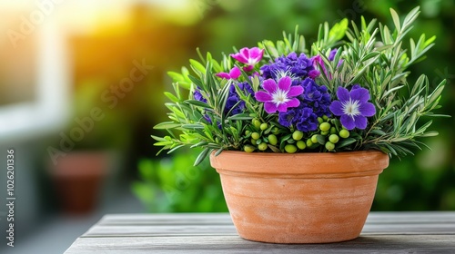 Terracotta Pot Filled with Vibrant Purple Flowers on Wooden Bench in Serene Garden Environment.