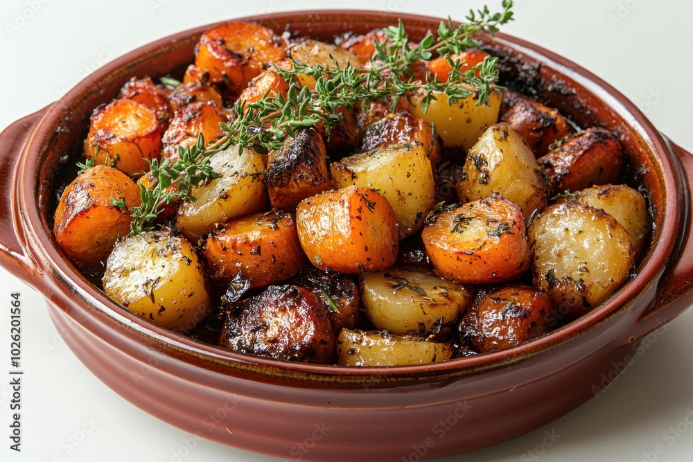 A dish of roasted carrots with thyme isolated on white background. A dish of roasted carrots with thyme isolated on white background.