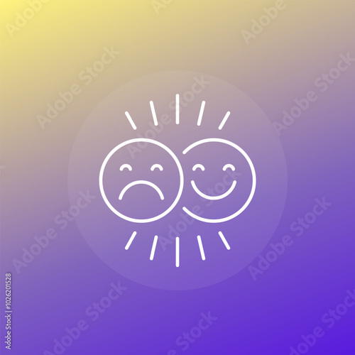 mood swings icon with happy and sad face, line vector