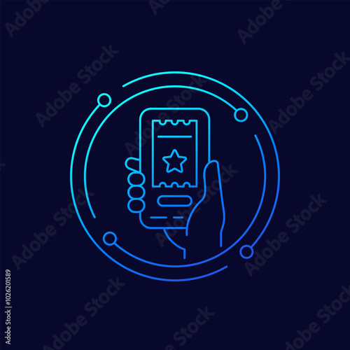 ticket app icon with phone in hand, linear design